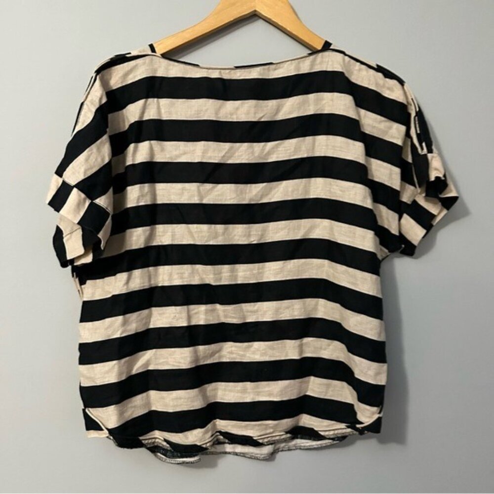 Zara Linen Striped Blouse Black Cream Nautical Minimalist Breton Top Small - Picture 3 of 11
